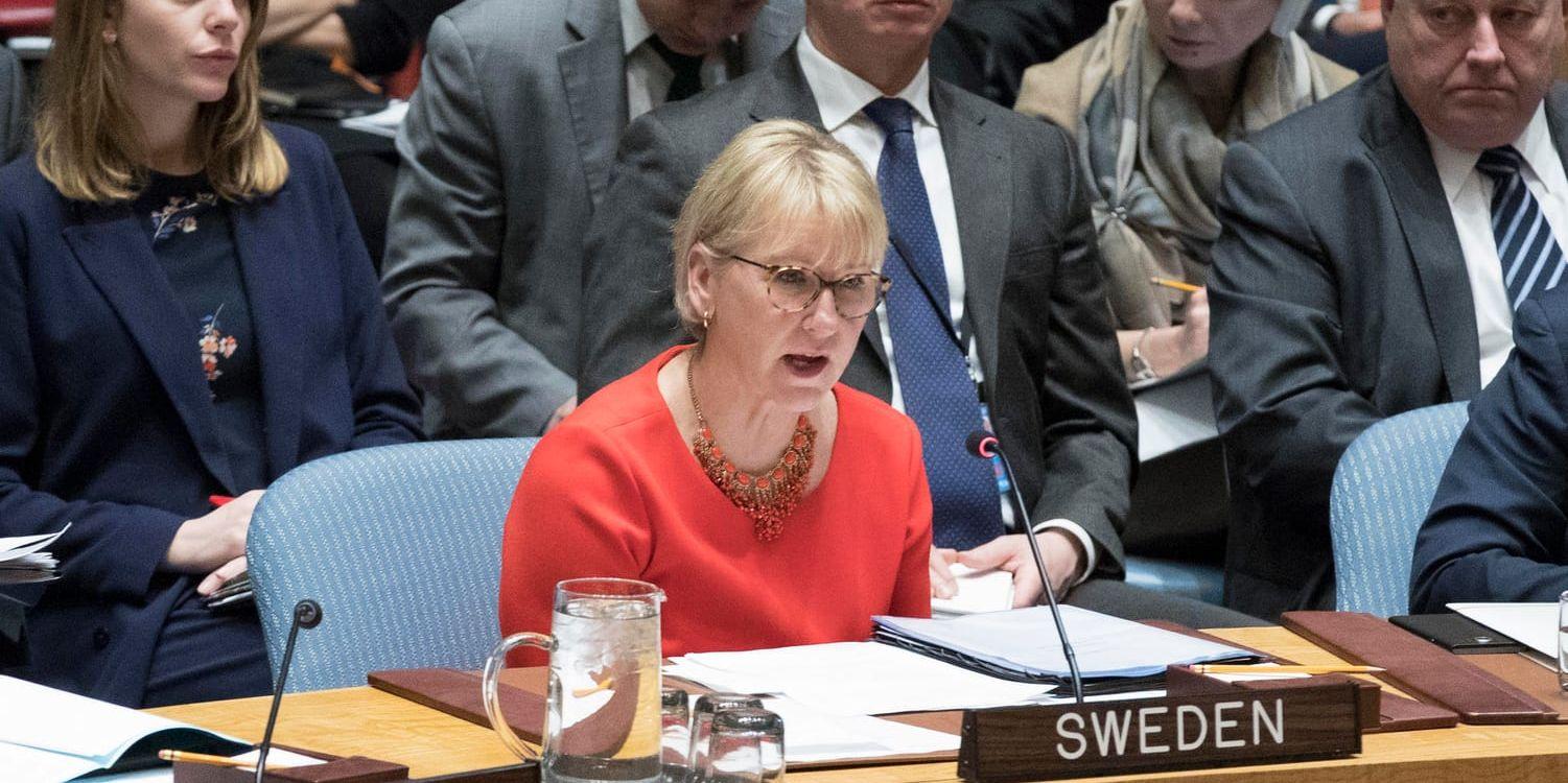 Sverige utrikesminister Margot Wallström i FN:s säkerhetsråd i fredags. Resolutionen om förlängd nödhjälp lades fram av Sverige, Egypten och Japan.