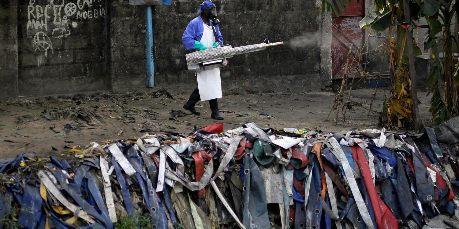 En anställd vid Läkare utan gränser besprutar för att stoppa myggor som kan överföra gula febern i Kinshasa. Arkivbild.