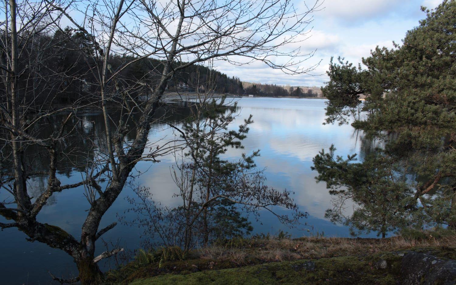 Utsikt.  På andra sidan älvens blanka vatten där molen speglar sig går vägen ut mot Överby.