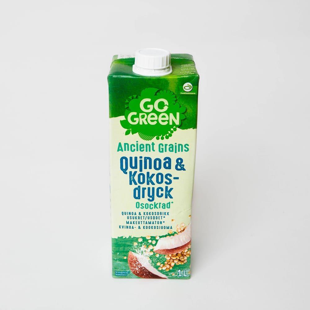 Tre fyrar. Quinoa & kokosdryck, osockrad (Go Green) Pris/ inköpsställe: 22,50 kr/ Ica Innehåller: Vatten, kokosmjölk (6 %), quinoa (4 %), havssalt.  Fetthalt: 1,3 g per 100 ml Tillsatt socker: - Tillsatta vitaminer: D2, E, Riboflavin (B2), B12. Innehåller kalcium.  Plus: Smakar gott. Bra balans mellan smaker. Lagom tjock. Minus: Svag doft. Sätter sig i gommen. !!!: Till fikat i stället för saft.