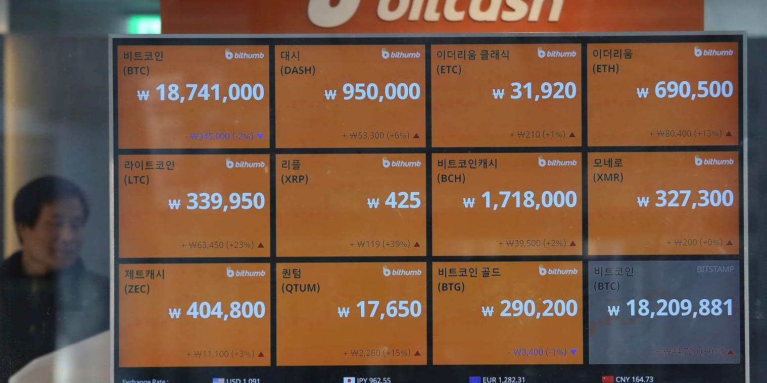 En skärm med bitcoin-kurser i Seoul, Sydkorea, i veckan.