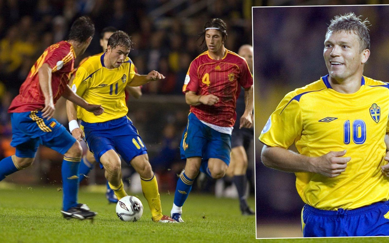<strong>1. Sverige–Spanien 2–0, EM-kval på Råsunda den 7 oktober 2006.</strong> Spanjorerna hade ett grymt lag och vann EM-slutspelet 2008, men i Stockholm kammade Carles Puyol & Co. noll. Foto: Bildbyrån