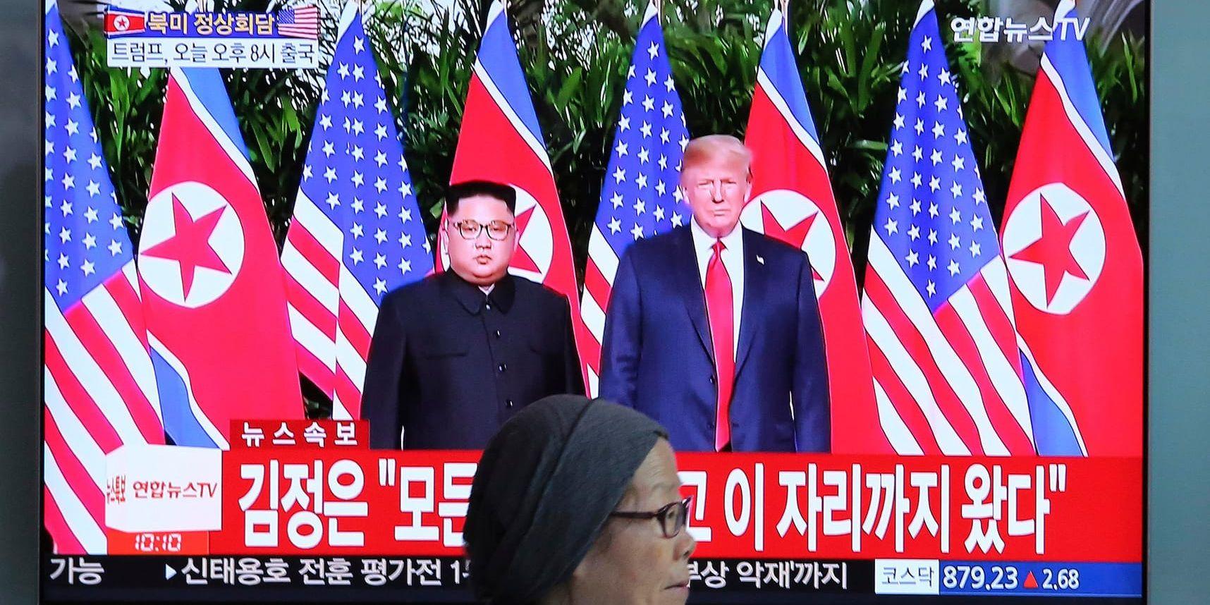 Kim Jong-Un och Donald Trump möttes i Singapore förra året. Arkivbild.