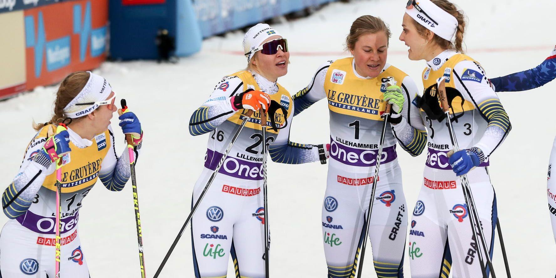 Evelina Settlin, Jonna Sundling, Hanna Falk och Stina Nilsson är fyra av sju svenska åkare som har nått final i sprint den här vintern. Arkivbild.