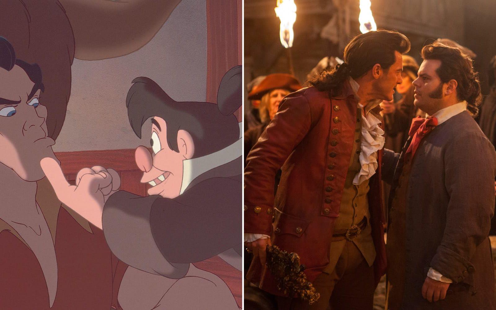 <strong>LeFou är gay.</strong> I originalet verkar det visserligen som att LeFou är en aning besatt av Gaston, men i den nya filmen är han mer än bara förtjust. Filmens regissör Bill Condon har nämligen bekräftat att han är gay och att det kommer märkas extra tydligt i en av filmens scener. LeFou är därmed den första uttalat homosexuella rollfiguren i en Disneyfilm. Foto: Disney/AP