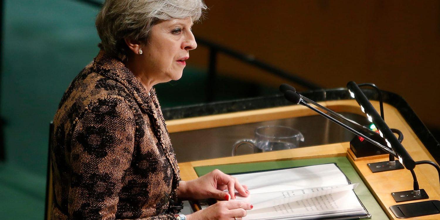 Storbritanniens premiärminister Theresa May höll ett efterlängtat linjetal om brexit i italienska Florens. Bild från hennes tal i FN i New York häromdagen.