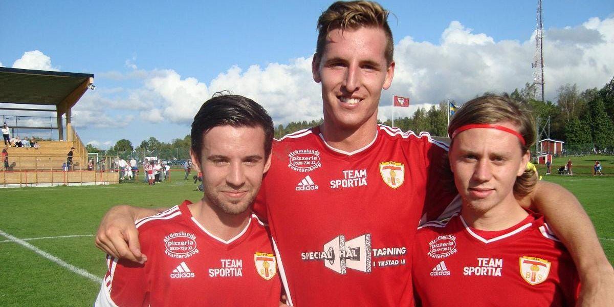 TRISS I TVÅMÅLSSKYTTAR. Från vänster Joakim Junhamn, Anton Westman samt Johan Kortekangas gjorde alla två mål var när TBoIS besegrade Kortedala IF.