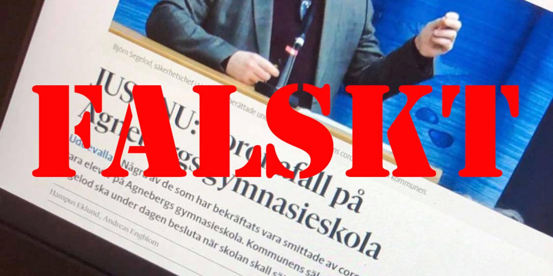 Artikeln ser ut att vara publicerad på bohuslaningen.se, men är helt falsk. Bilden med felaktiga uppgifter sprids nu i sociala medier. 