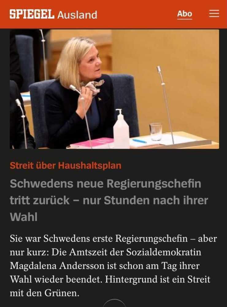 ”Sveriges nya regeringschef avgår – bara timmar efter att hon blivit vald”, skriver tyska Der Spiegel.