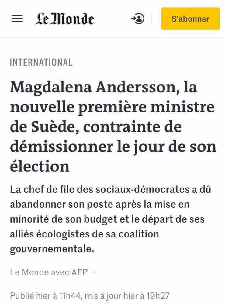 ”Magdalena Andersson, Sveriges nya statsminister, tvingades avgå på valdagen”, skriver franska Le Monde.