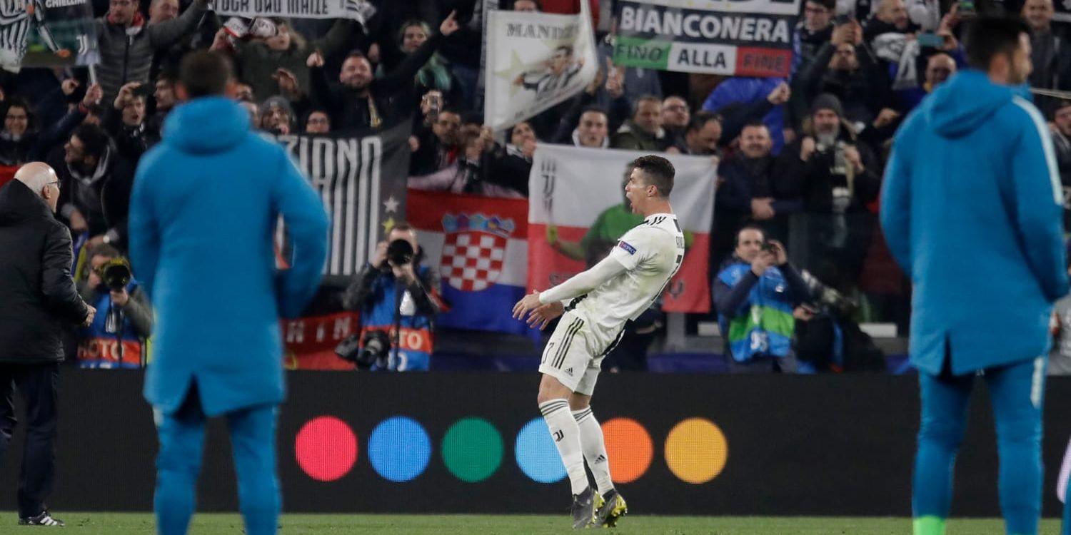 Juventus Cristiano Ronaldo gör den kontroversiella målgesten i Champions League-mötet med Atlético Madrid. Arkivbild.