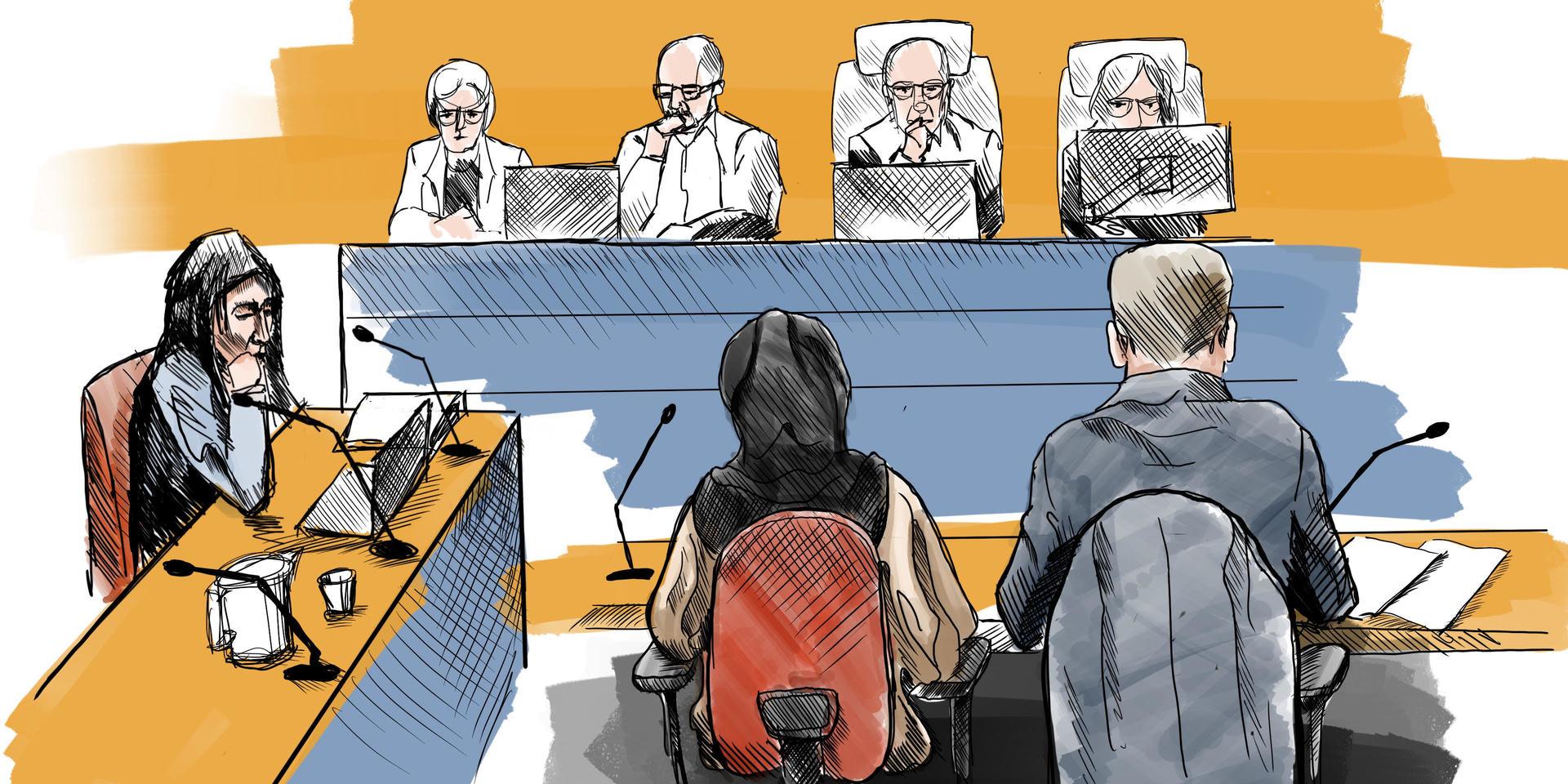 Illustration från förhandlingens första dag. Kvinnan och hennes försvarare i mitten, till vänster åklagare Reena Devgun.