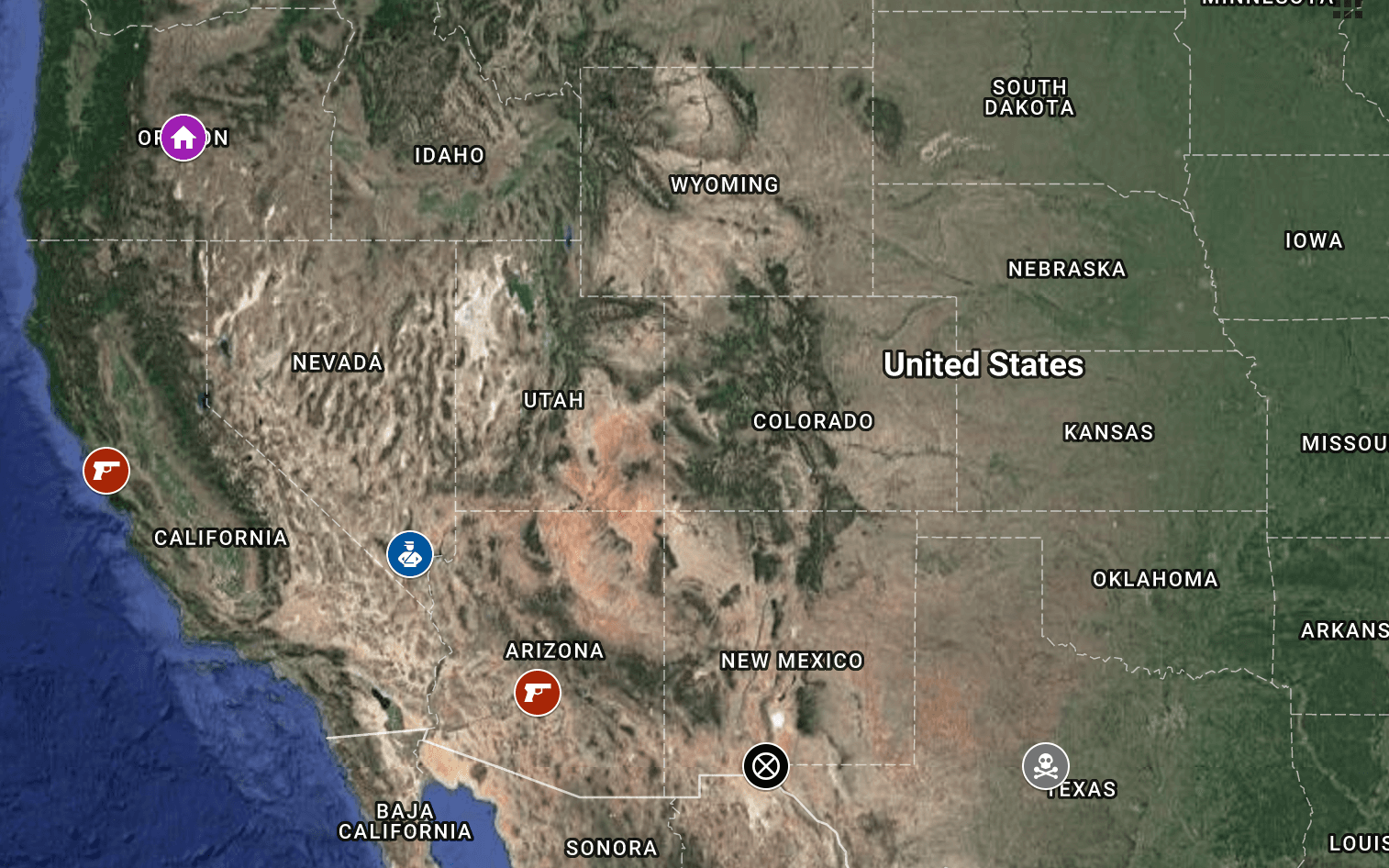 Så här rörde sig pappa Paddock i USA. Bild: Skärmdump Google Maps
