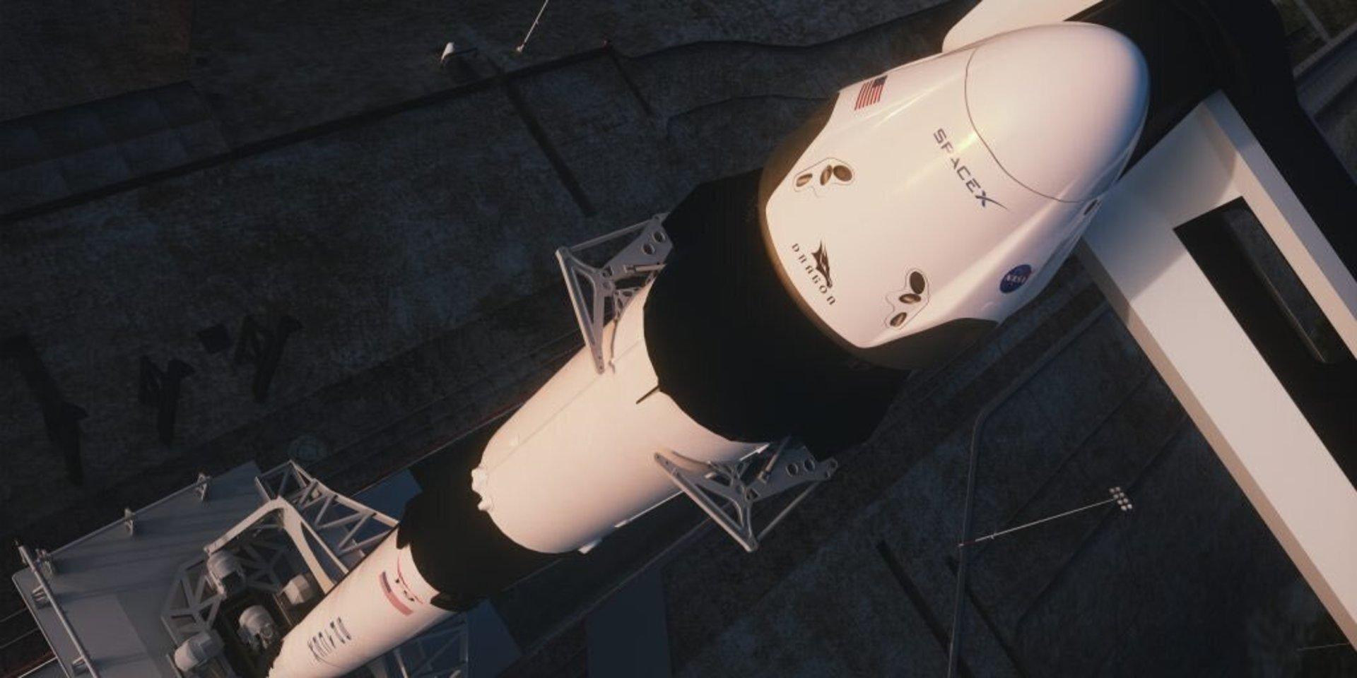 Falcon-raketen, med kapseln Crew Dragon högst upp, på avskjutningsrampen i Florida.