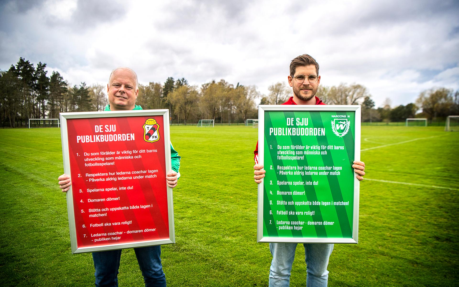 10 maj. Roland Olin, Wargöns IK, och Anders Bergqvist, Trollhättans FK, slår ett slag för hur en bra idrottspublik bör bete sig.