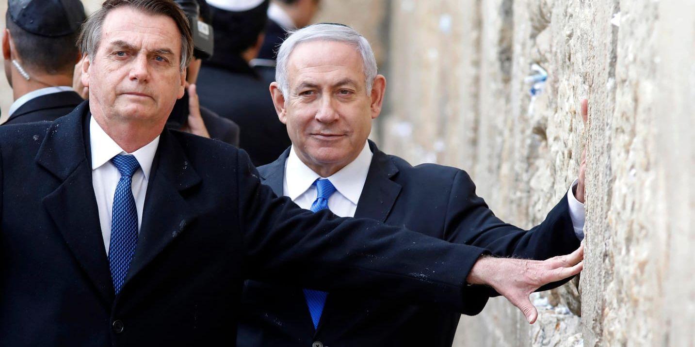 Brasiliens president Jair Bolsonaro och Israels premiärminister Benjamin Netanyahu vid besöket vid Västra muren.