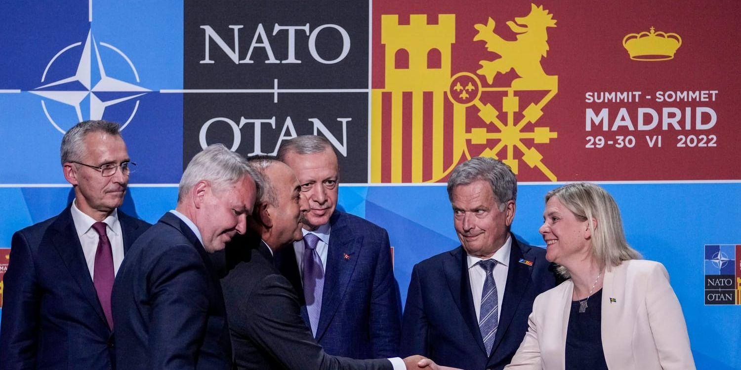 Handskakningar efter det att Turkiet, Finland och Sverige kommit överens under Natotoppmötet i Madrid i juni. Arkivbild.