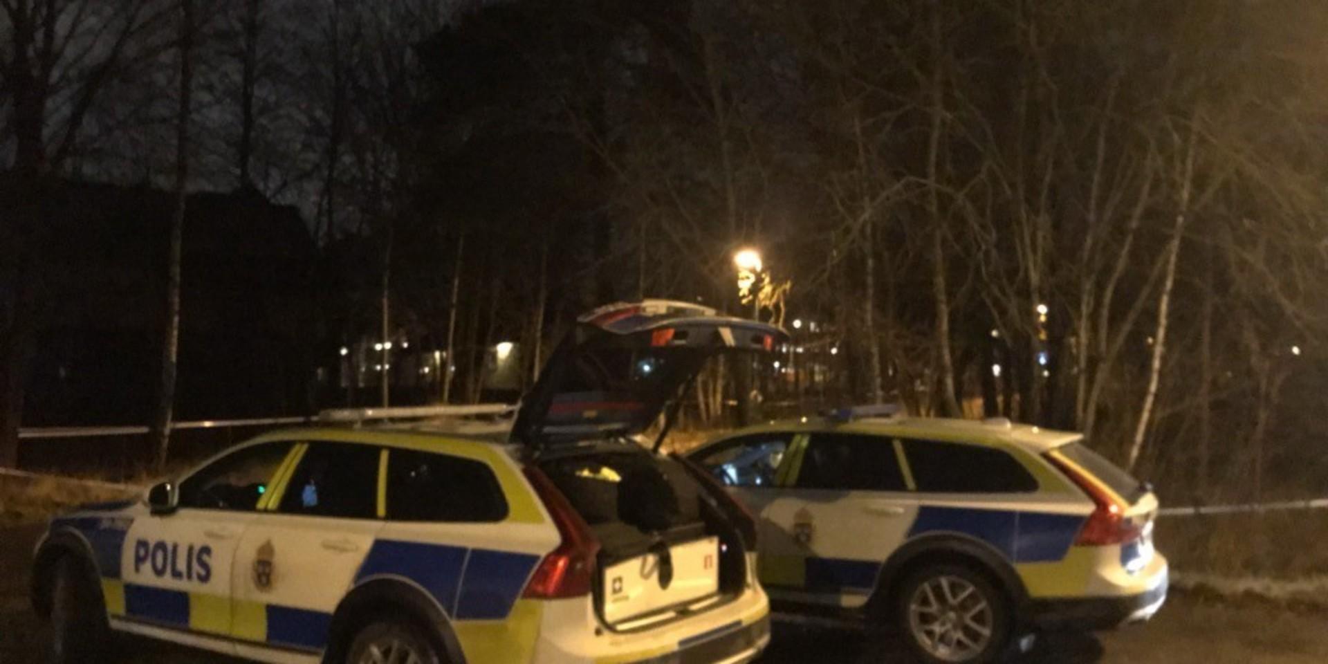 Två polisbilar var på plats på Hjortmossen under onsdagskvällen i väntan på tekniker.