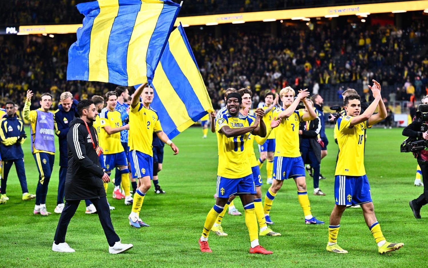 Svenska spelarna firar när VM-platsen säkrades hemma mot Polen i playoff i slutet av mars, men det är oklart hur mycket förbundet tjänar på deltagandet i turneringen. 