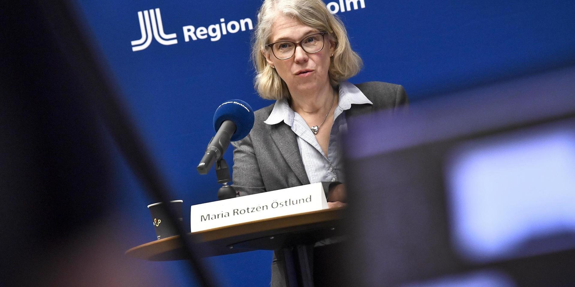 Smittskyddsläkare Maria Rotzén Östlund under en pressträff där Region Stockholm berättar om pandemiläget och de åtgärder som vidtas.