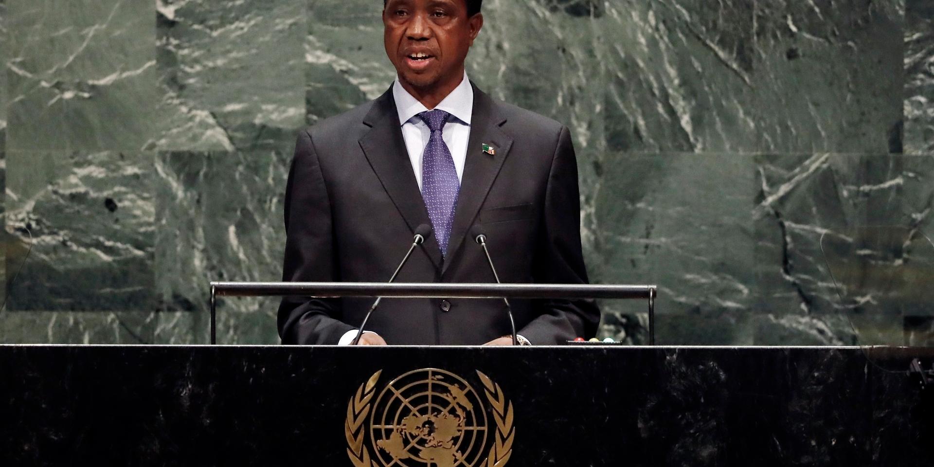 Zambias president Edgar Lungu, på bilden i FN:s generalförsamling 2019, har kallat in armén.