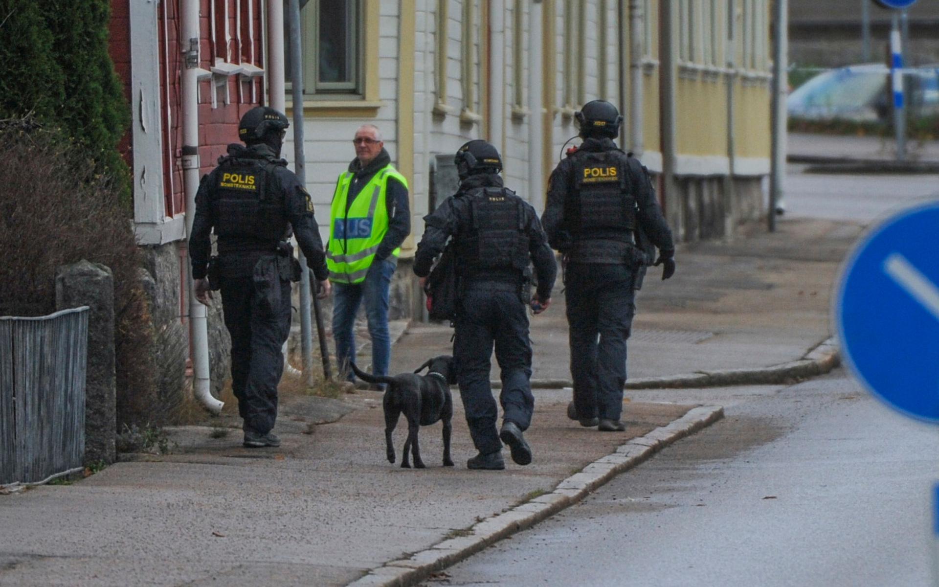 Polisen söker av området med en bombhund. 