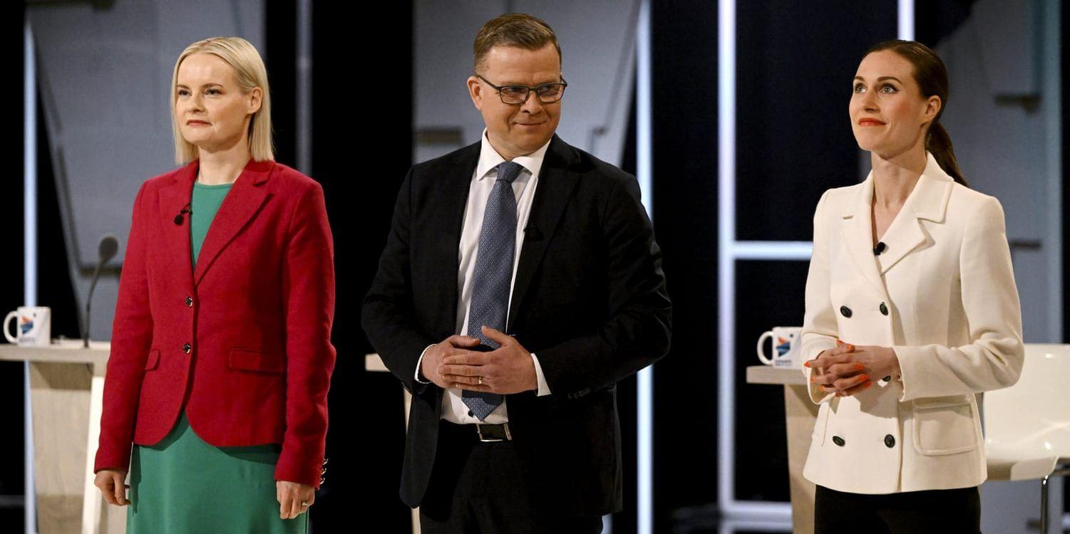 Sannfinländarnas partiledare Riikka Purra, Samlingspartiets partiledare Petteri Orpo och Socialdemokraternas partiledare Sanna Marin. Arkivbild.