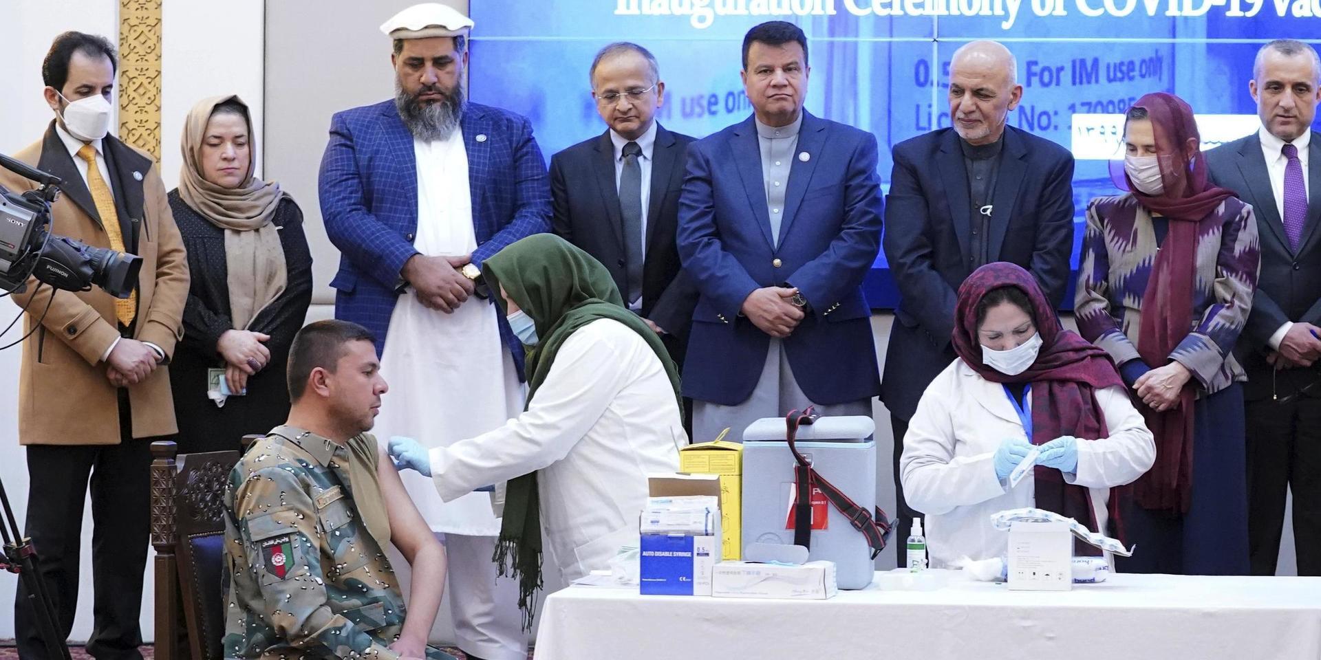 De första sprutorna med covidvaccin ges i Afghanistan, vid en ceremoni i presidentpalatset i Kabul. Tredje person från höger, som tittar på injiceringen, är president Ashraf Ghani.