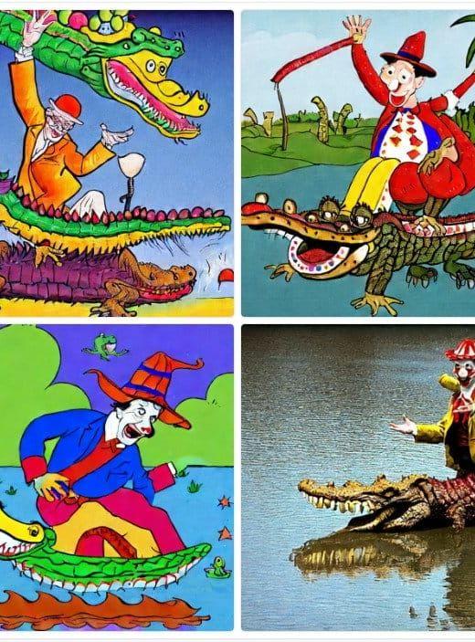 Bild skapad med AI-tjänsten Stable diffusion och inmatningen 'clown rider på krokodil'.