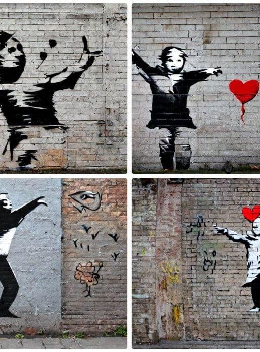 Bild skapad med AI-tjänsten Stable diffusion och inmatningen 'graffiti i Banksy-stil'.