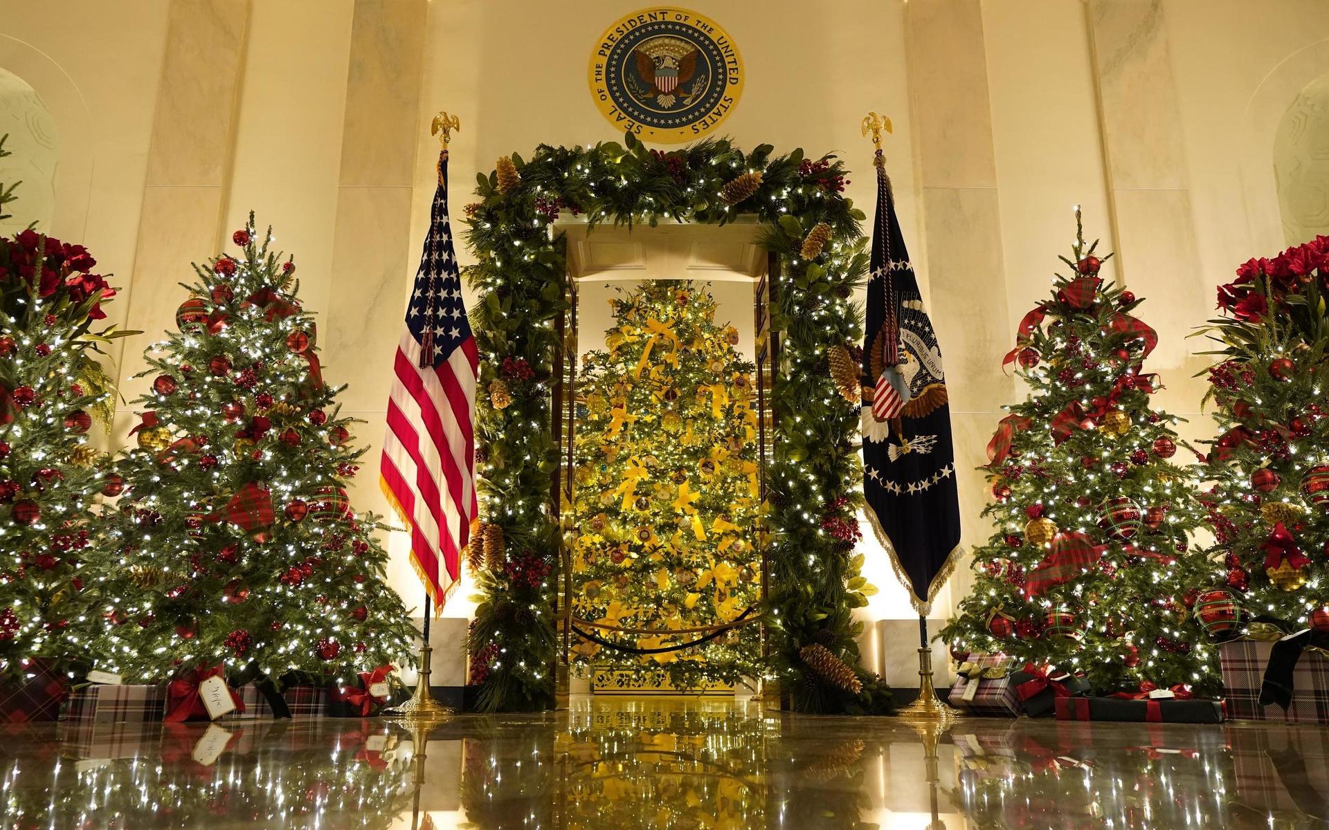Korshallen, med det blåa rummet i bakgrunden, har dekorerats inför jul. Bakom dekorationerna står landets första dam, Melania Trump.