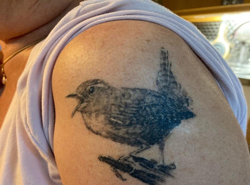 Gunilla Sonnert har en fågel på sin arm. ”Liten men med stark röst” skriver hon.