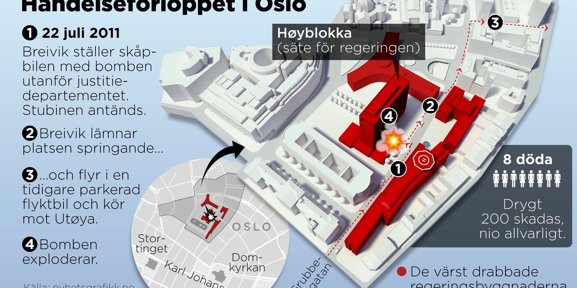 Kartgrafik som visar händelseförloppet i Oslo när Anders Breivik sprängde bomben i regeringskvarteren för tio år sedan.