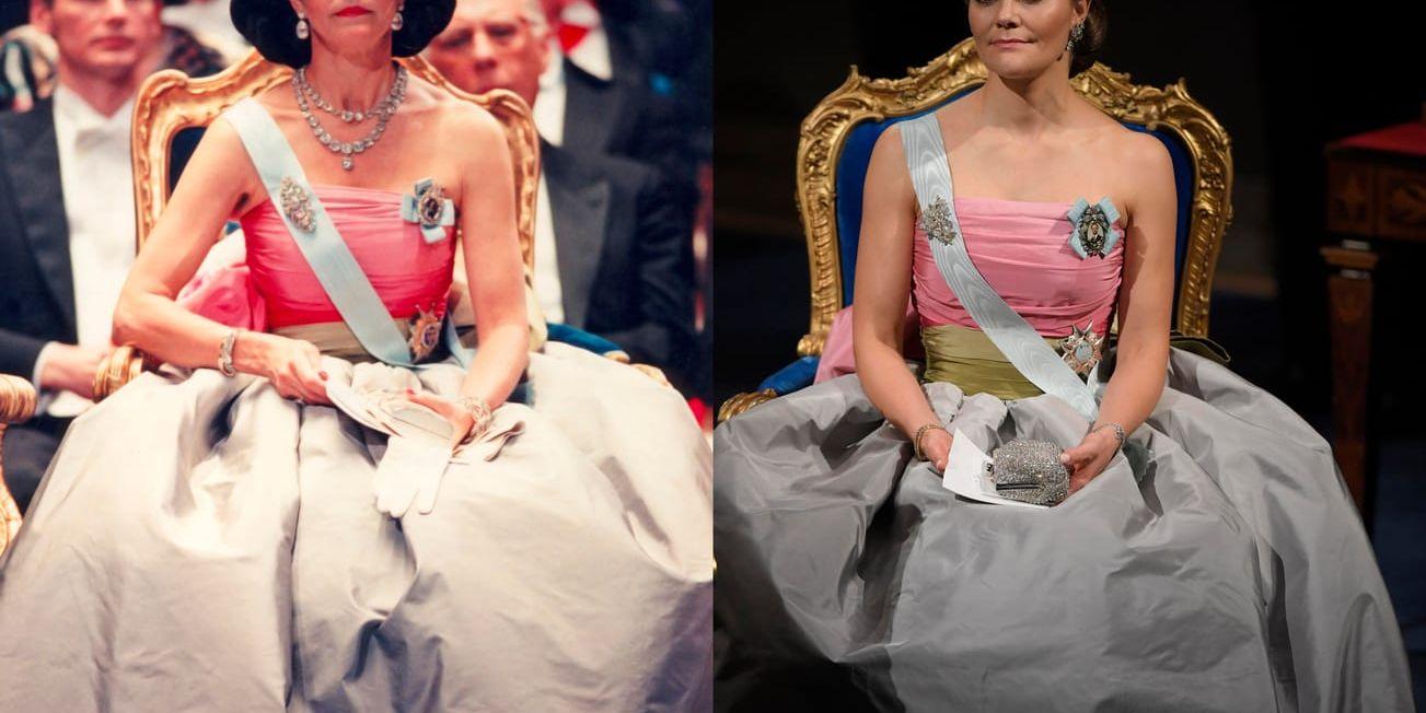 Drottning Silvia 1995 och kronprinsessan Victoria 2018 i samma klänning från Nina Ricci.
