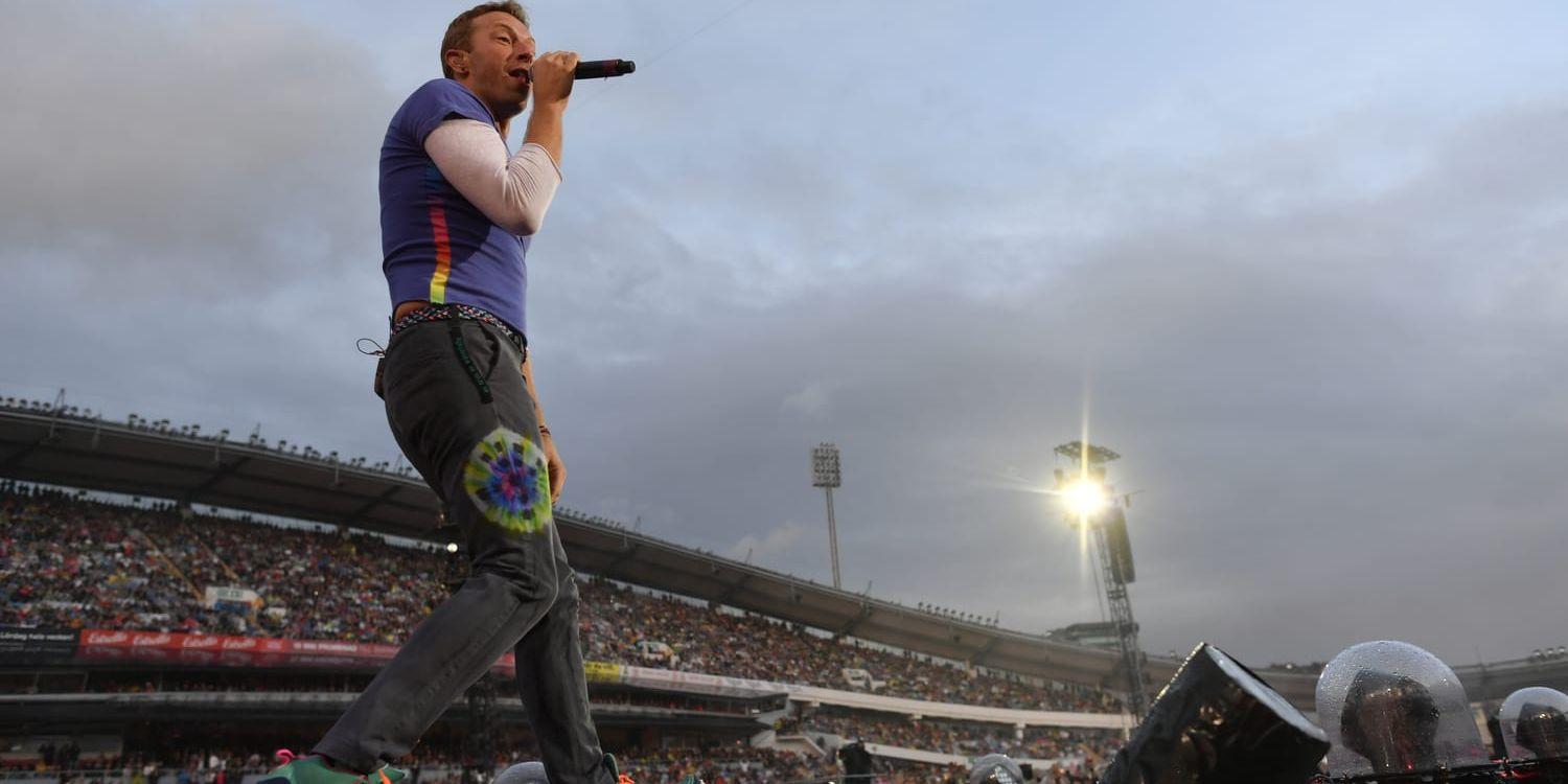 Brittiska Coldplay gör hela fyra spelningar på Ullevi i juli. Här ses sångaren Chris Martin under bandets Göteborgsbesök 2017. Arkivbild.