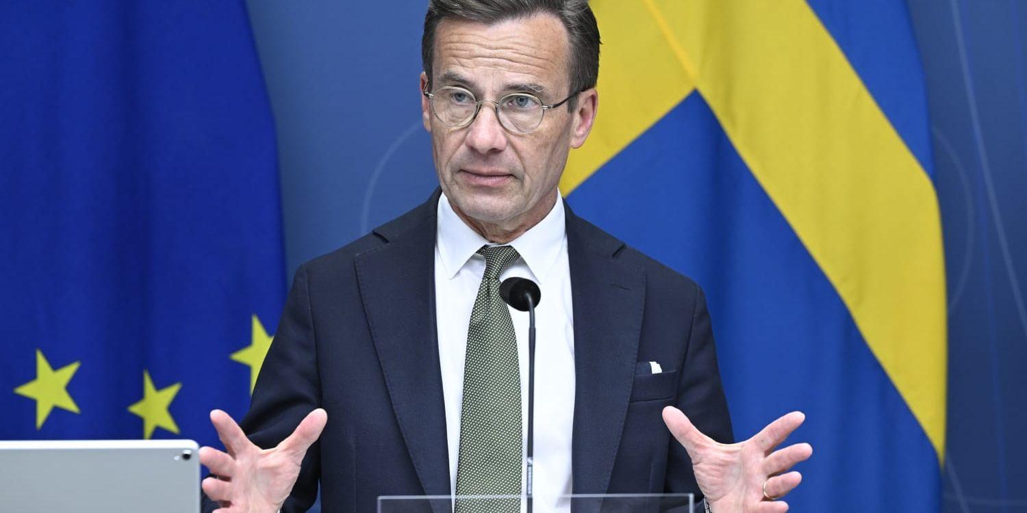 Statsminister Ulf Kristersson (M) under en pressträff på torsdagen.