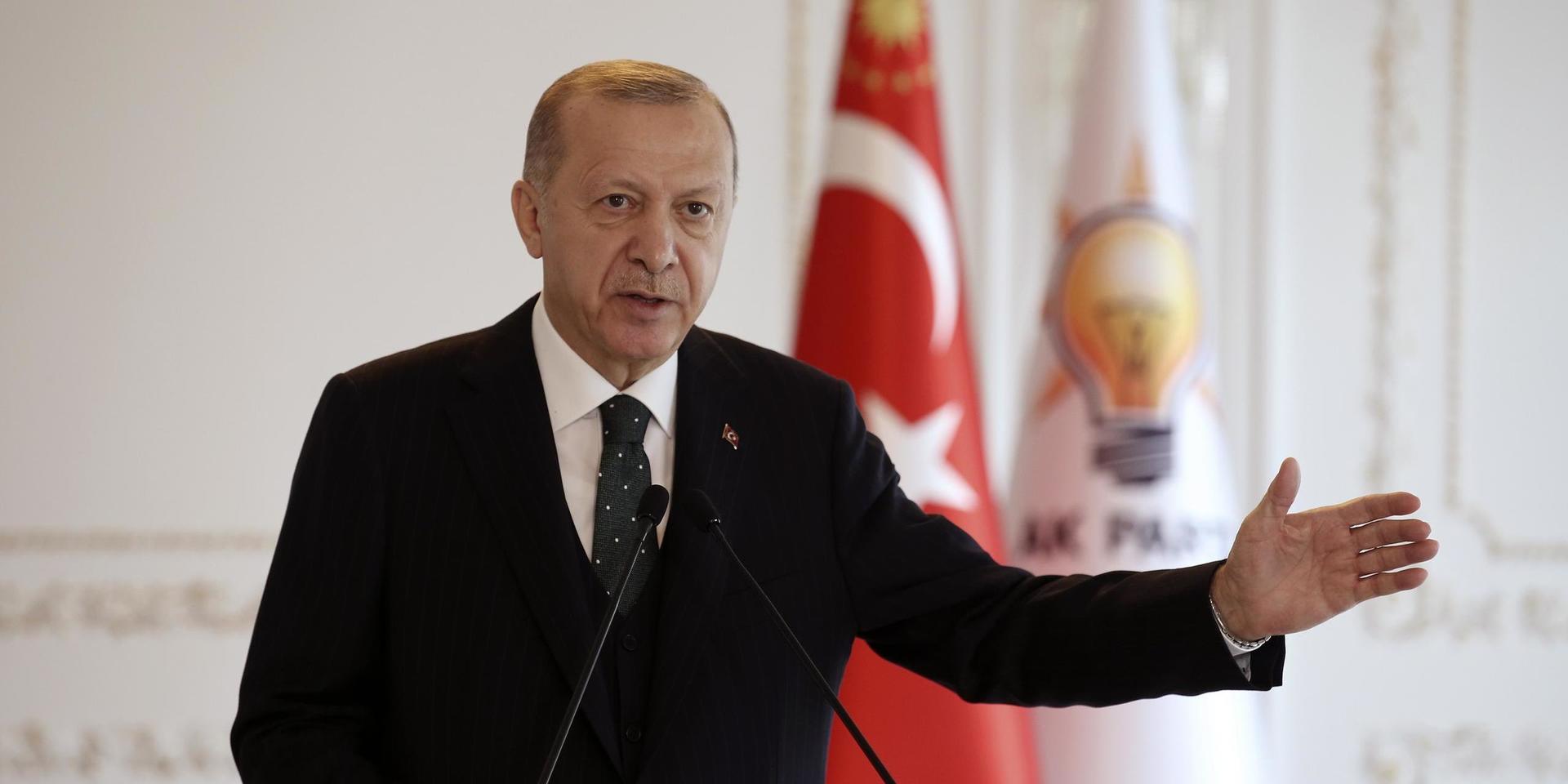 Turkiets president Recep Tayyip Erdogan höll ett direktsänt anförande inför sina partikamrater i AK-partiet.