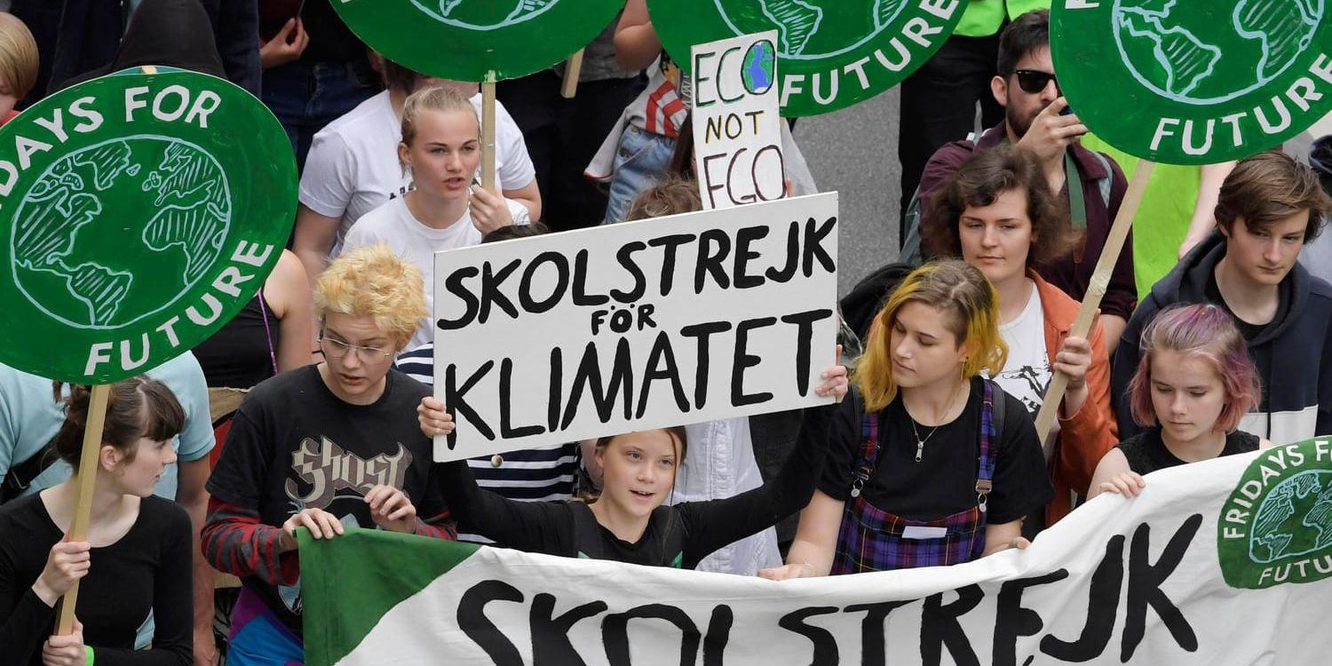 Greta Thunberg under demonstrationen Global Strike for Future i Stockholm. Arkivbild.