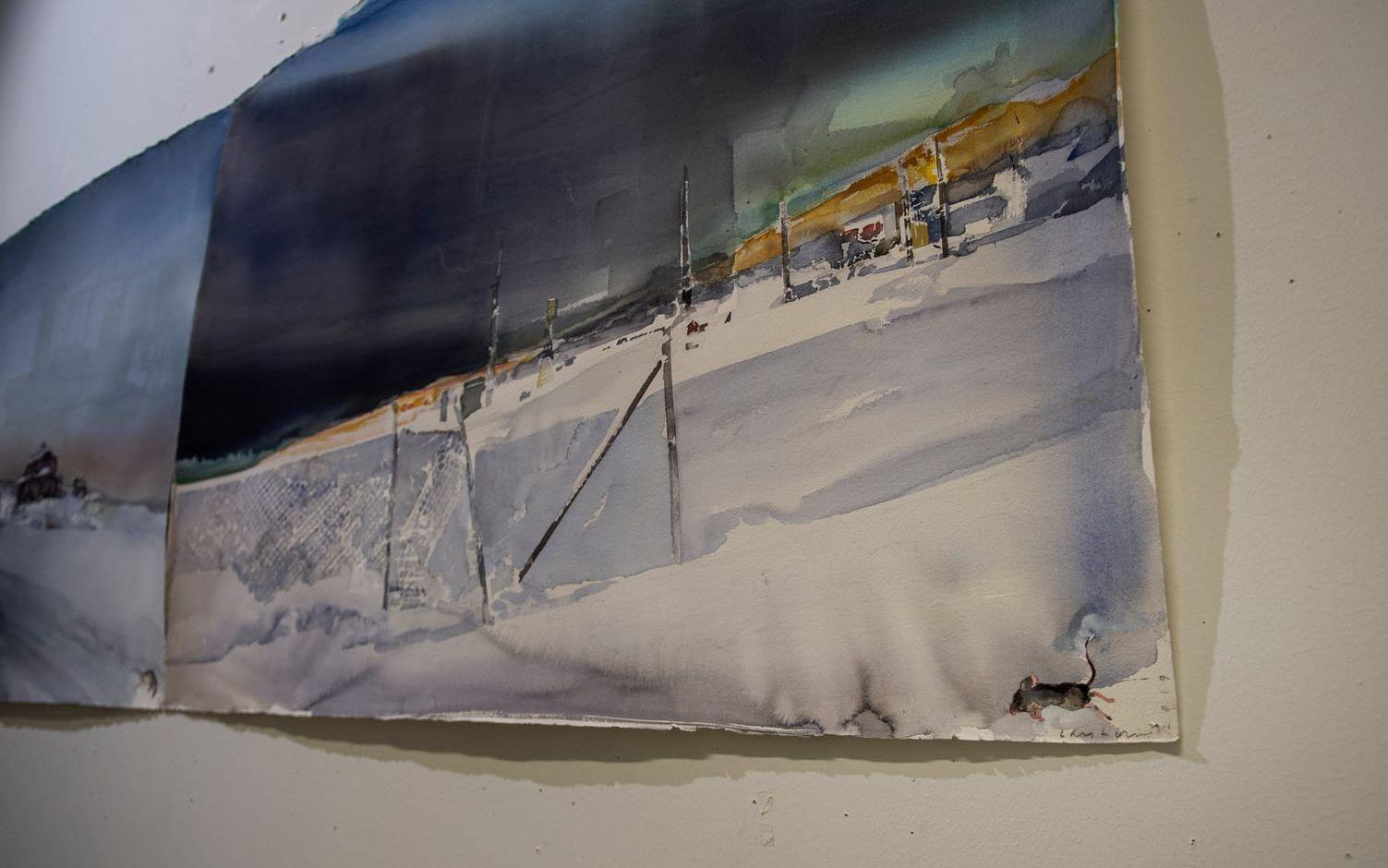 Akvarellmålningar från Lofoten. I Sandgrunds gamla kök med rejäla betongväggar hänger en serie av verk från Lofoten där han bodde i tolv år. Här har han fångat känslan och ljuset med motiv på landskap, hus och hav på ett makalöst sätt.