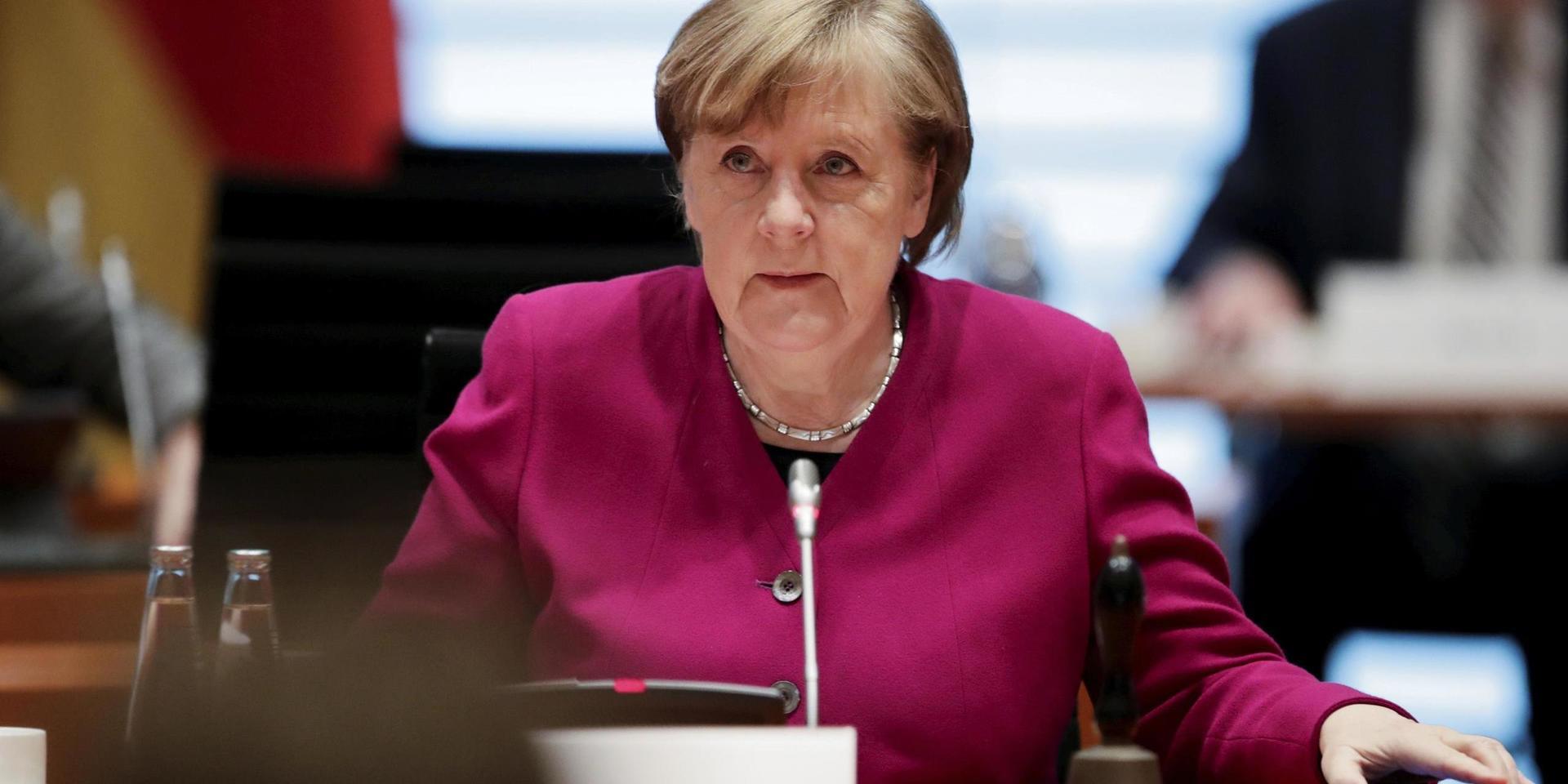 Tysklands förbundskansler Angela Merkel vid ett regeringssammanträde i slutet av mars. Arkivbild.