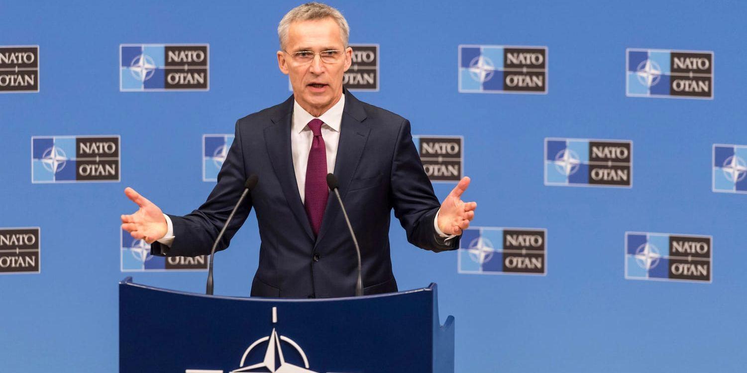 Nato-basen Jens Stoltenberg presenterar militäralliansens årsrapport.