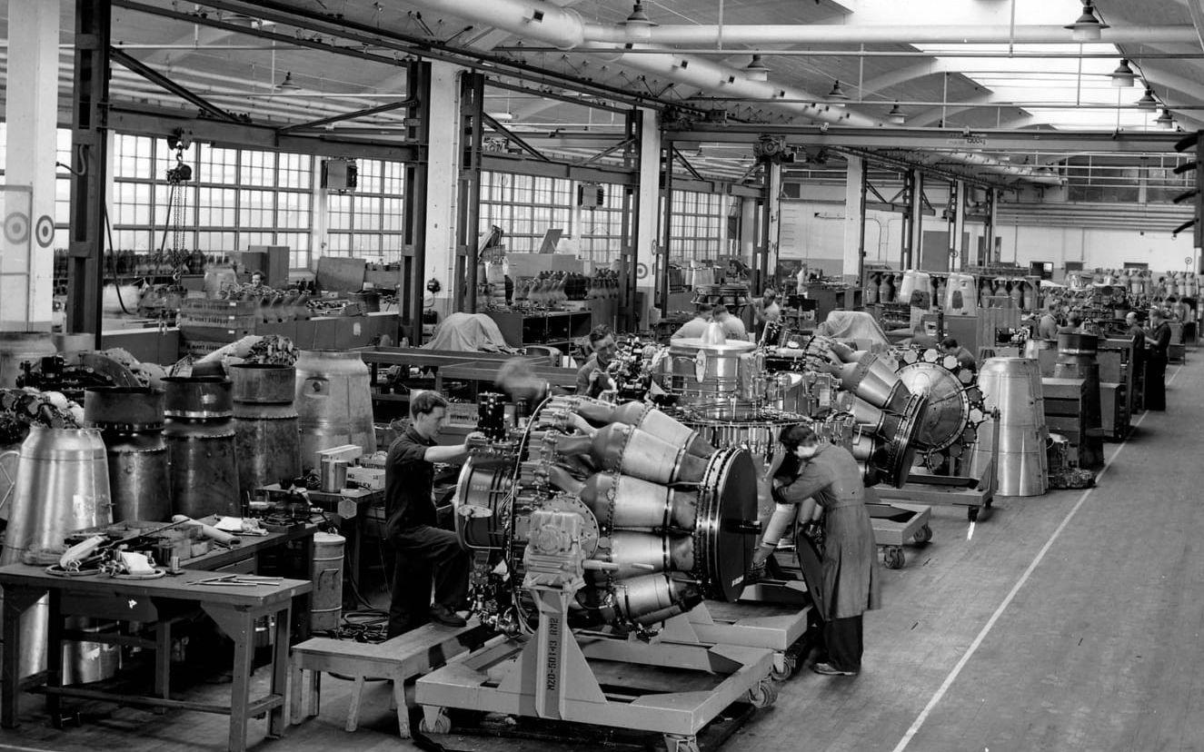 Monteringshallen för RM2-motorer 1951. Foto: Volvo Flygmotor