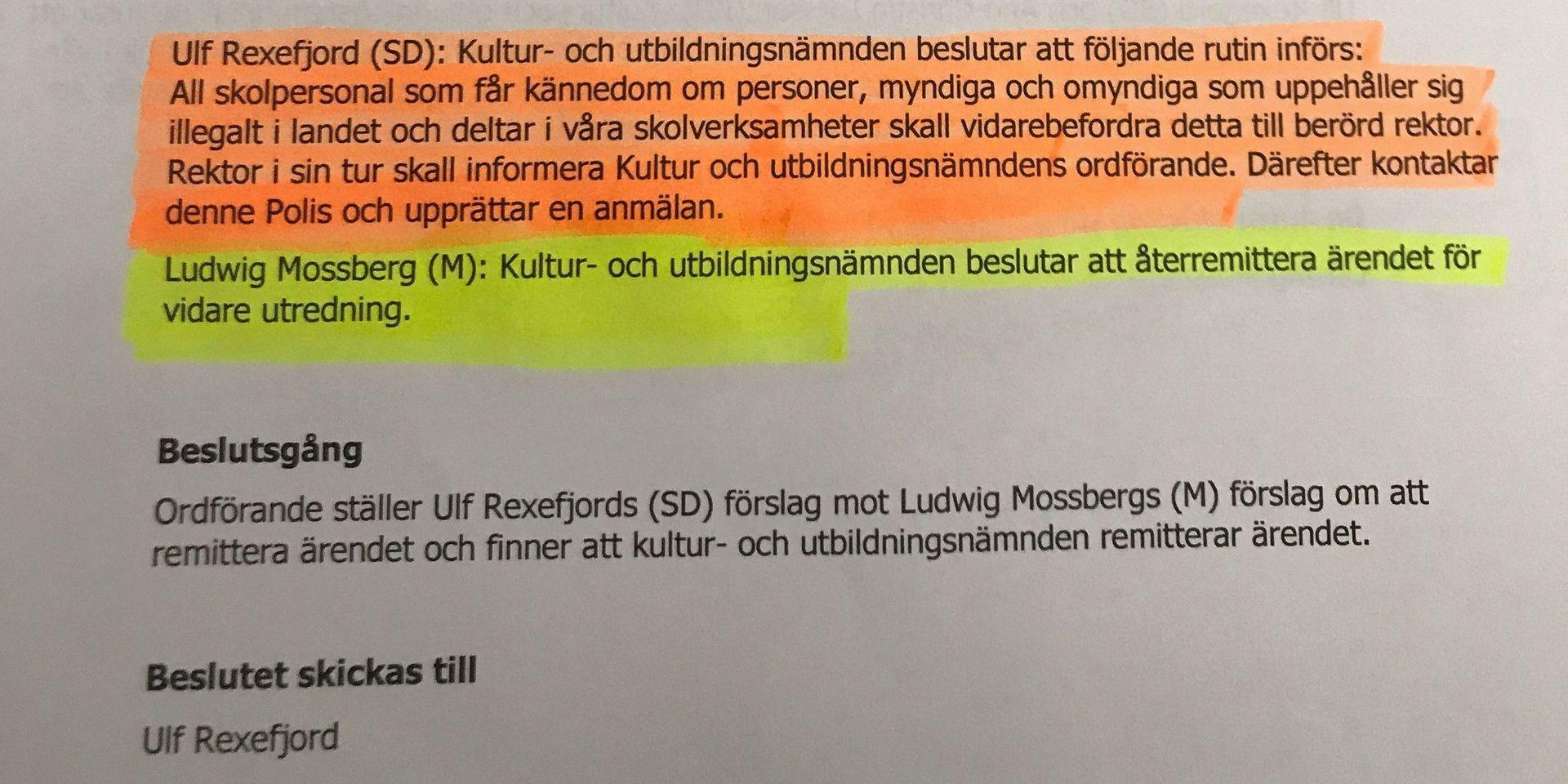 Protokoll från kultur- och fritidsnämndens senaste sammanträde i Mellerud, där Ulf Rexefjords förslag är markerad.