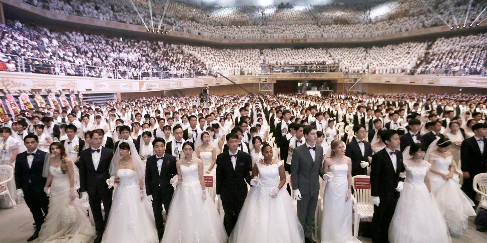 Ett massbröllop med människor från hela världen arrangerat av sekten Moon-rörelsen. Ledaren bestämmer vilka som ska gifta sig med varandra. Arkivbild.