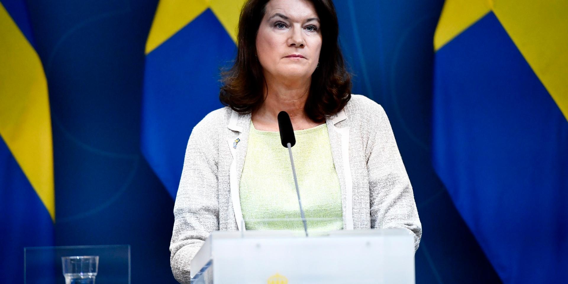 Utrikesminister Ann Linde (S) vid dagens pressträff i Stockholm angående situationen i Afghanistan och den svenska personal som befunnit sig där.