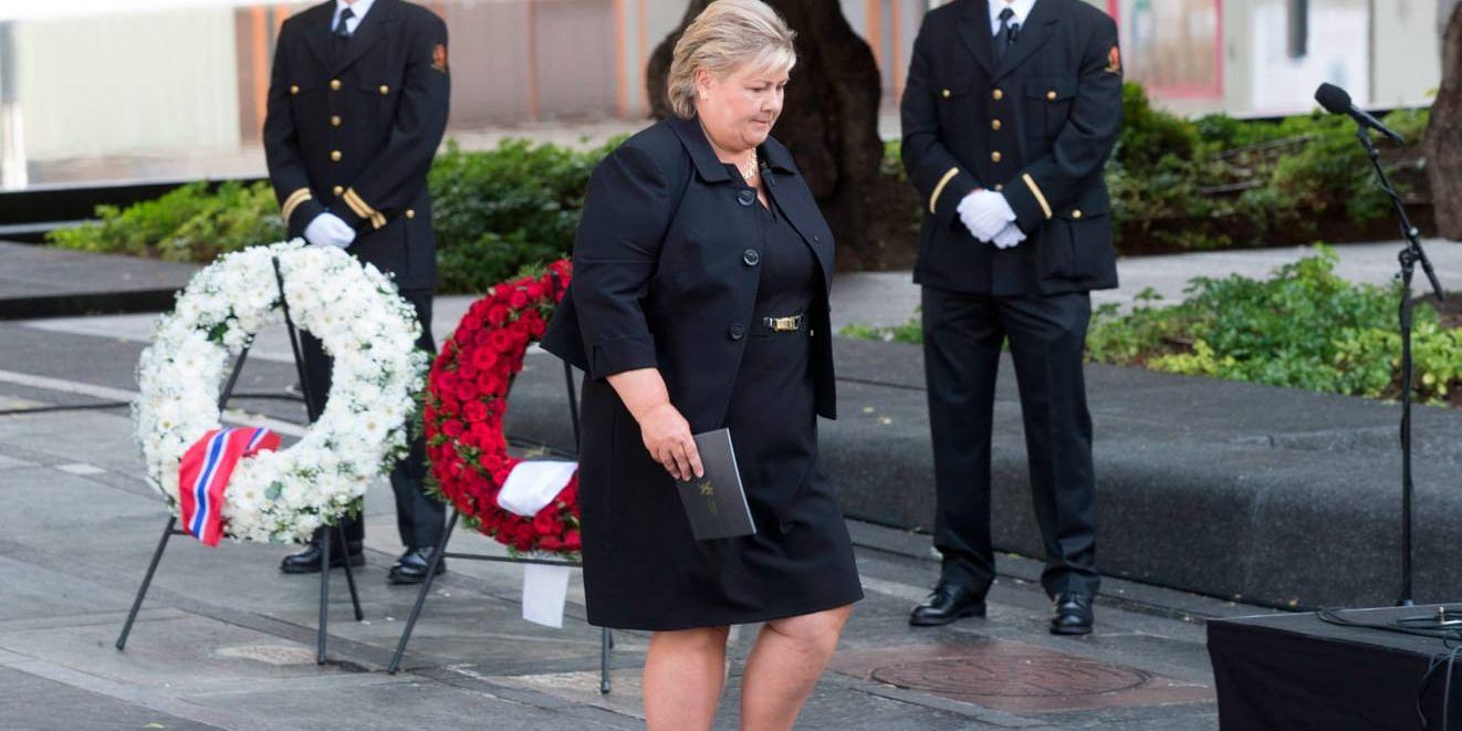 Erna Solberg under lördagens minnesstund.