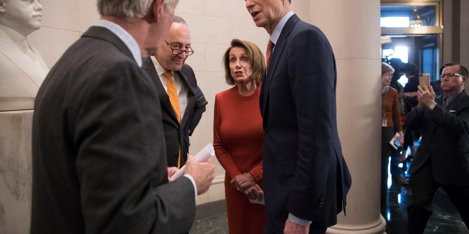 De demokratiska kongressledarna, New York-senatorn Chuck Schumer och kongressledamoten Nancy Pelosi från Kalifornien (i mitten), omgivna av kollegor i Capitolium i Washington DC.