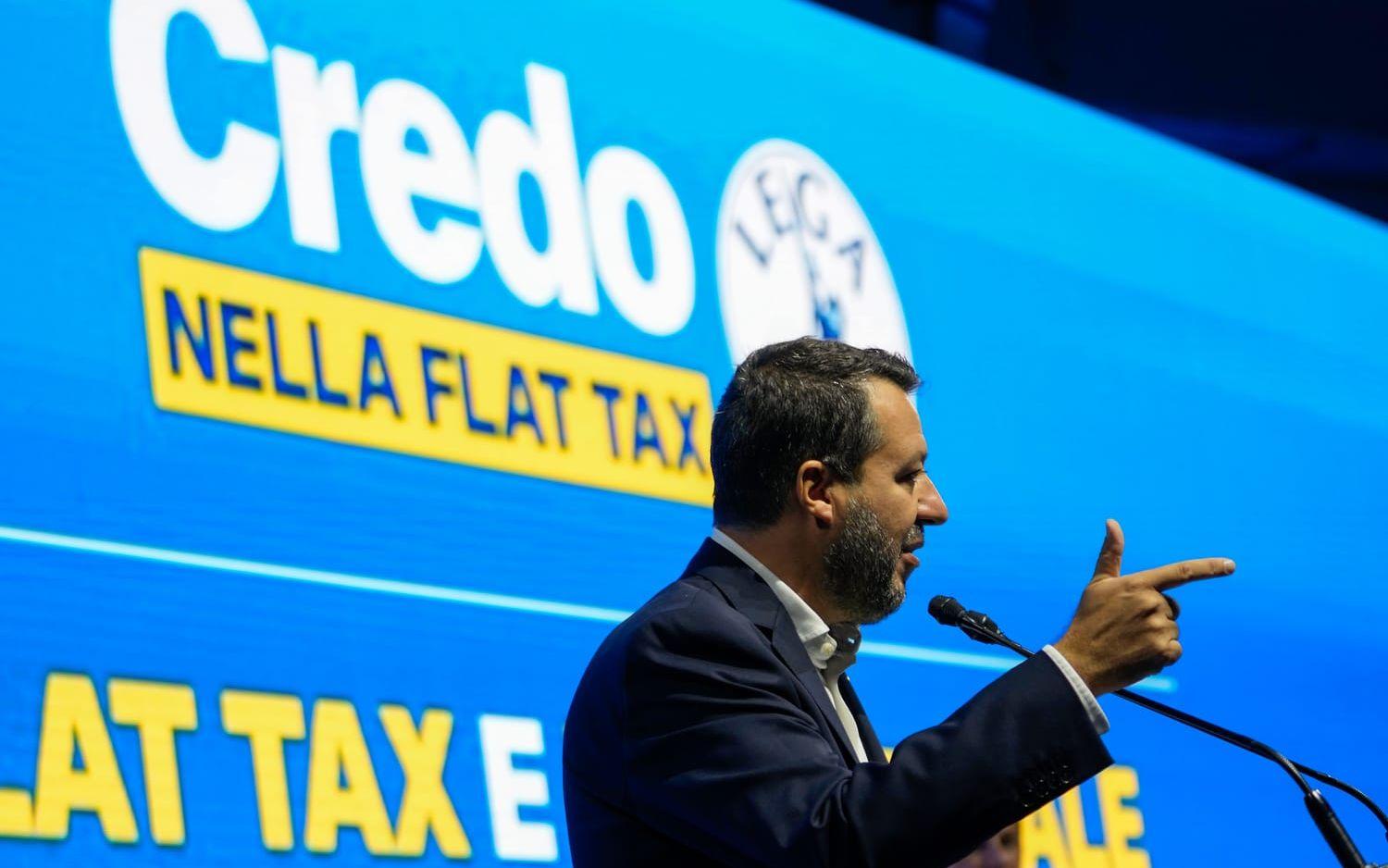 Leader of The League party Matteo Salvini delivers his speech during an event ahead of Sept. 25 general elections, in Milan, Italy, Saturday, Sept. 17, 2022. (AP Photo/Luca Bruno)  XLB102
