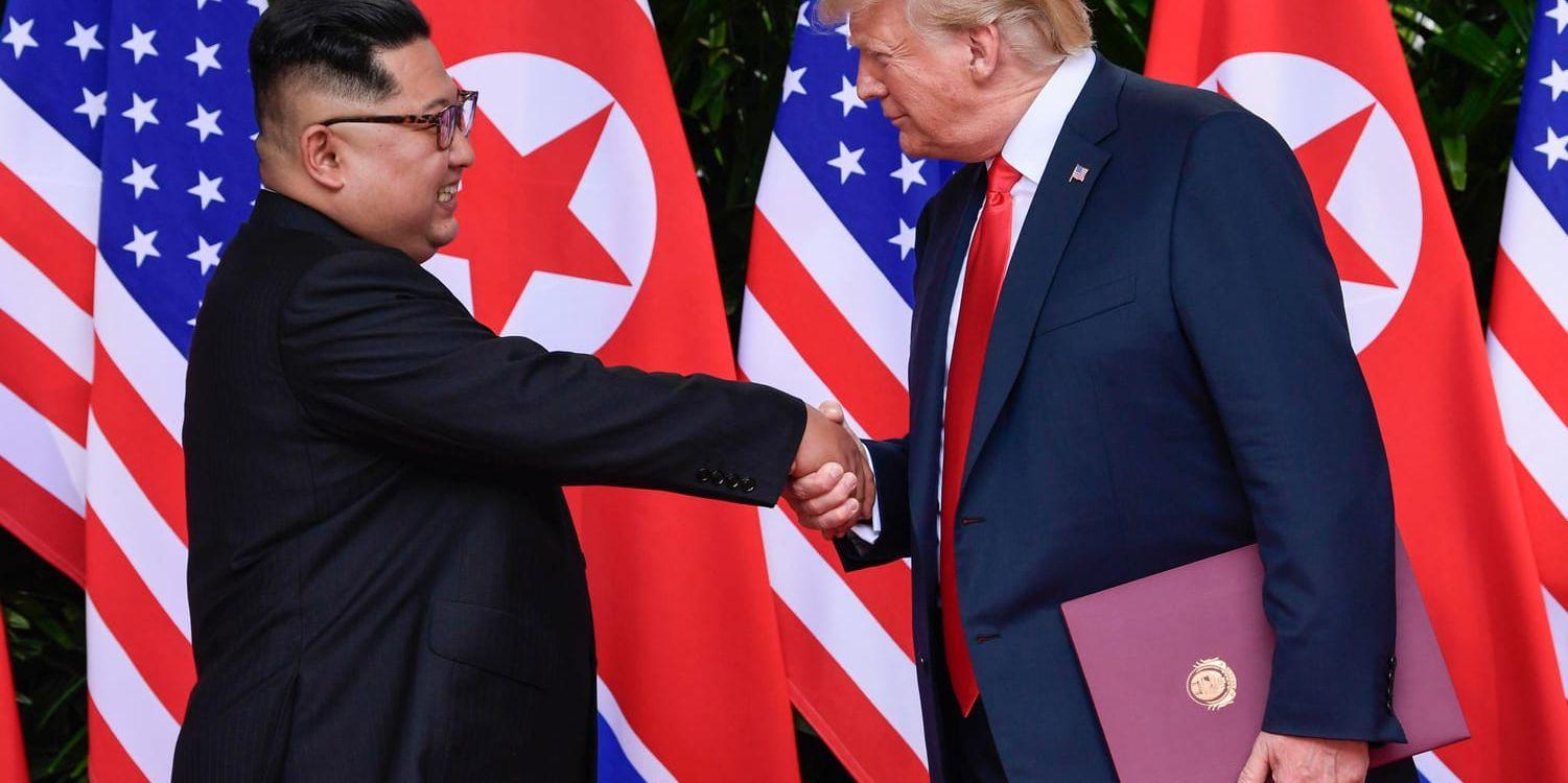 Kim Jong-Un och Donald Trump vid mötet förra året. Arkivbild.