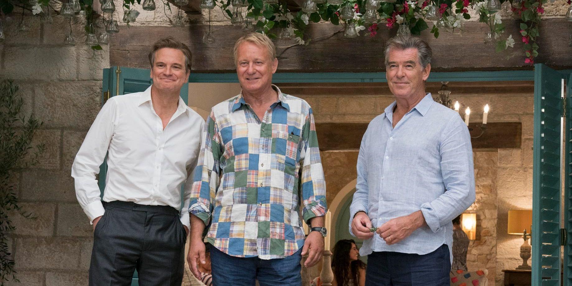 Skådespelarna Colin Firth, Stellan Skarsgård och Pierce Brosnan var med i "Mamma Mia! Here we go again", regisserad av Ol Parker. En av de mest sedda biofilmerna i Sverige 2018. Pressbild.